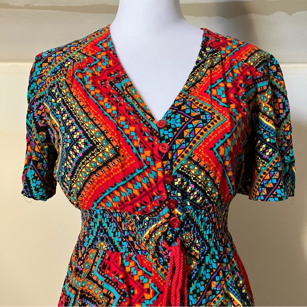 Unknown Brand Red Aztec Print Button Front Short Sleeve Maxi Dress size Small - Picture 3 of 10